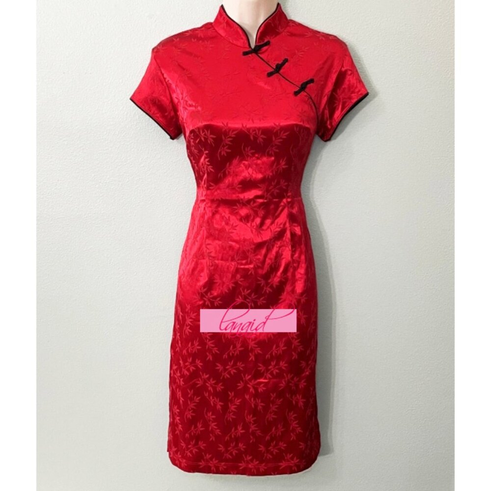 Asian Chinese Oriental Japanese Red Satin Stretchy Mandarin Short Sleeve Dress S